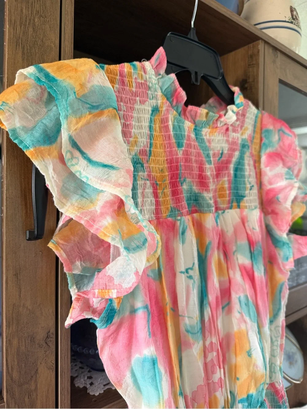 Entro Pastel Watercolor Floral Smocked Mini Dress Ruffle Flutter Sleeve Small